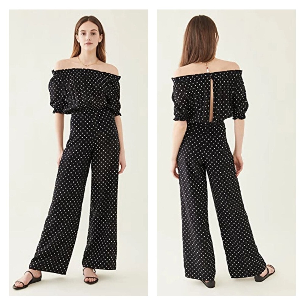 SALONI Juli Off the Shoulder Jumpsuit Women 10 Black Polka Dot Silk Wide Leg